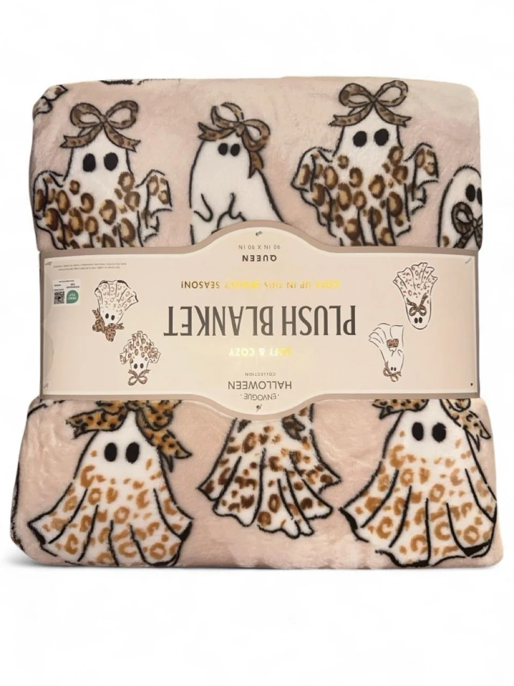 Envogue Plush Halloween Blanket in Beige with Leopard Ghosts